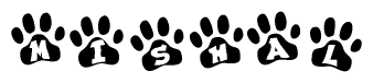 The image shows a series of animal paw prints arranged horizontally. Within each paw print, there's a letter; together they spell Mishal