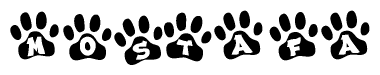 The image shows a series of animal paw prints arranged in a horizontal line. Each paw print contains a letter, and together they spell out the word Mostafa.