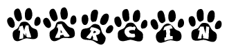 The image shows a row of animal paw prints, each containing a letter. The letters spell out the word Marcin within the paw prints.