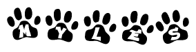 The image shows a series of animal paw prints arranged horizontally. Within each paw print, there's a letter; together they spell Myles