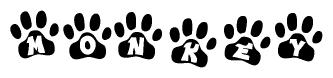 The image shows a series of animal paw prints arranged in a horizontal line. Each paw print contains a letter, and together they spell out the word Monkey.