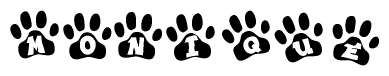 The image shows a row of animal paw prints, each containing a letter. The letters spell out the word Monique within the paw prints.