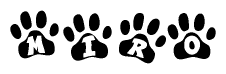 The image shows a series of animal paw prints arranged in a horizontal line. Each paw print contains a letter, and together they spell out the word Miro.