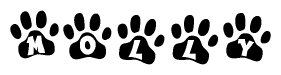 The image shows a row of animal paw prints, each containing a letter. The letters spell out the word Molly within the paw prints.