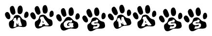 The image shows a row of animal paw prints, each containing a letter. The letters spell out the word Magsmass within the paw prints.