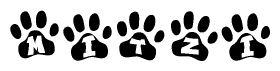 The image shows a row of animal paw prints, each containing a letter. The letters spell out the word Mitzi within the paw prints.