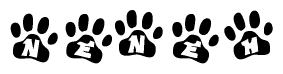 The image shows a series of animal paw prints arranged horizontally. Within each paw print, there's a letter; together they spell Neneh