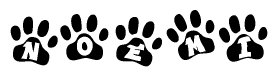 The image shows a row of animal paw prints, each containing a letter. The letters spell out the word Noemi within the paw prints.