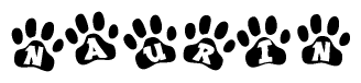 The image shows a series of animal paw prints arranged in a horizontal line. Each paw print contains a letter, and together they spell out the word Naurin.