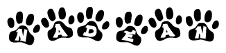 The image shows a series of animal paw prints arranged in a horizontal line. Each paw print contains a letter, and together they spell out the word Nadean.