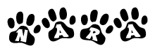 The image shows a series of animal paw prints arranged horizontally. Within each paw print, there's a letter; together they spell Nara