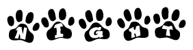 The image shows a series of animal paw prints arranged horizontally. Within each paw print, there's a letter; together they spell Night