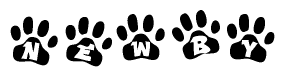 The image shows a row of animal paw prints, each containing a letter. The letters spell out the word Newby within the paw prints.