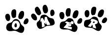 The image shows a series of animal paw prints arranged in a horizontal line. Each paw print contains a letter, and together they spell out the word Omer.