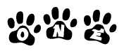 The image shows a series of animal paw prints arranged horizontally. Within each paw print, there's a letter; together they spell One