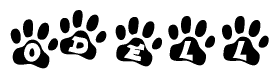 The image shows a series of animal paw prints arranged in a horizontal line. Each paw print contains a letter, and together they spell out the word Odell.
