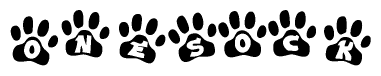 The image shows a row of animal paw prints, each containing a letter. The letters spell out the word Onesock within the paw prints.