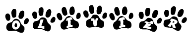The image shows a series of animal paw prints arranged horizontally. Within each paw print, there's a letter; together they spell Olivier