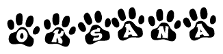 The image shows a series of animal paw prints arranged in a horizontal line. Each paw print contains a letter, and together they spell out the word Oksana.