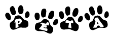 The image shows a row of animal paw prints, each containing a letter. The letters spell out the word Peta within the paw prints.