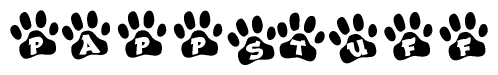 The image shows a series of animal paw prints arranged horizontally. Within each paw print, there's a letter; together they spell Pappstuff