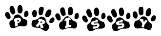 The image shows a row of animal paw prints, each containing a letter. The letters spell out the word Prissy within the paw prints.