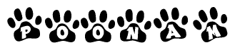 The image shows a row of animal paw prints, each containing a letter. The letters spell out the word Poonam within the paw prints.