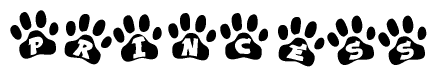 The image shows a row of animal paw prints, each containing a letter. The letters spell out the word Princess within the paw prints.