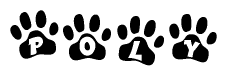 The image shows a row of animal paw prints, each containing a letter. The letters spell out the word Poly within the paw prints.