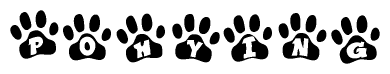 The image shows a row of animal paw prints, each containing a letter. The letters spell out the word Pohying within the paw prints.