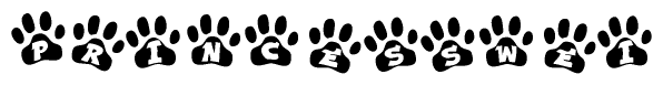The image shows a series of animal paw prints arranged horizontally. Within each paw print, there's a letter; together they spell Princesswei