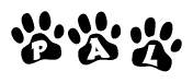 The image shows a series of animal paw prints arranged in a horizontal line. Each paw print contains a letter, and together they spell out the word Pal.