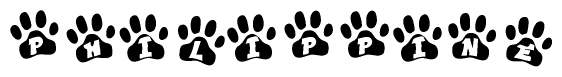 The image shows a row of animal paw prints, each containing a letter. The letters spell out the word Philippine within the paw prints.