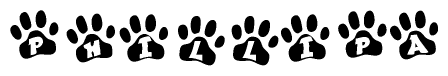 The image shows a series of animal paw prints arranged horizontally. Within each paw print, there's a letter; together they spell Phillipa