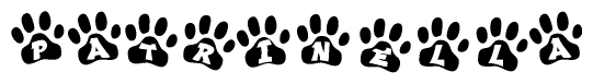 The image shows a row of animal paw prints, each containing a letter. The letters spell out the word Patrinella within the paw prints.