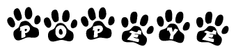 The image shows a row of animal paw prints, each containing a letter. The letters spell out the word Popeye within the paw prints.