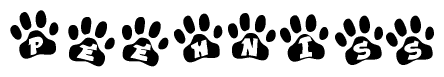 The image shows a row of animal paw prints, each containing a letter. The letters spell out the word Peehniss within the paw prints.