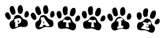 The image shows a series of animal paw prints arranged horizontally. Within each paw print, there's a letter; together they spell Pattie