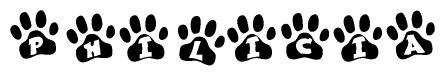 The image shows a row of animal paw prints, each containing a letter. The letters spell out the word Philicia within the paw prints.