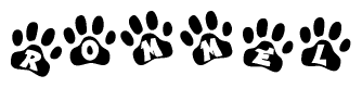 The image shows a series of animal paw prints arranged in a horizontal line. Each paw print contains a letter, and together they spell out the word Rommel.