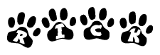 The image shows a series of animal paw prints arranged in a horizontal line. Each paw print contains a letter, and together they spell out the word Rick.