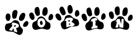 The image shows a series of animal paw prints arranged horizontally. Within each paw print, there's a letter; together they spell Robin