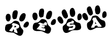 The image shows a series of animal paw prints arranged horizontally. Within each paw print, there's a letter; together they spell Resa
