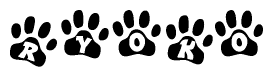 The image shows a row of animal paw prints, each containing a letter. The letters spell out the word Ryoko within the paw prints.