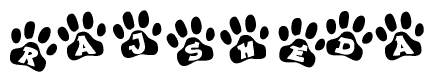 The image shows a series of animal paw prints arranged in a horizontal line. Each paw print contains a letter, and together they spell out the word Rajsheda.