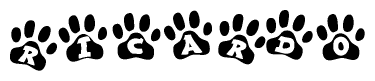 The image shows a row of animal paw prints, each containing a letter. The letters spell out the word Ricardo within the paw prints.