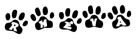 The image shows a series of animal paw prints arranged horizontally. Within each paw print, there's a letter; together they spell Rheva