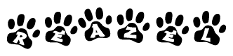 The image shows a row of animal paw prints, each containing a letter. The letters spell out the word Reazel within the paw prints.