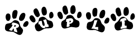 The image shows a series of animal paw prints arranged horizontally. Within each paw print, there's a letter; together they spell Rupli