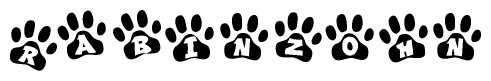 The image shows a series of animal paw prints arranged in a horizontal line. Each paw print contains a letter, and together they spell out the word Rabinzohn.